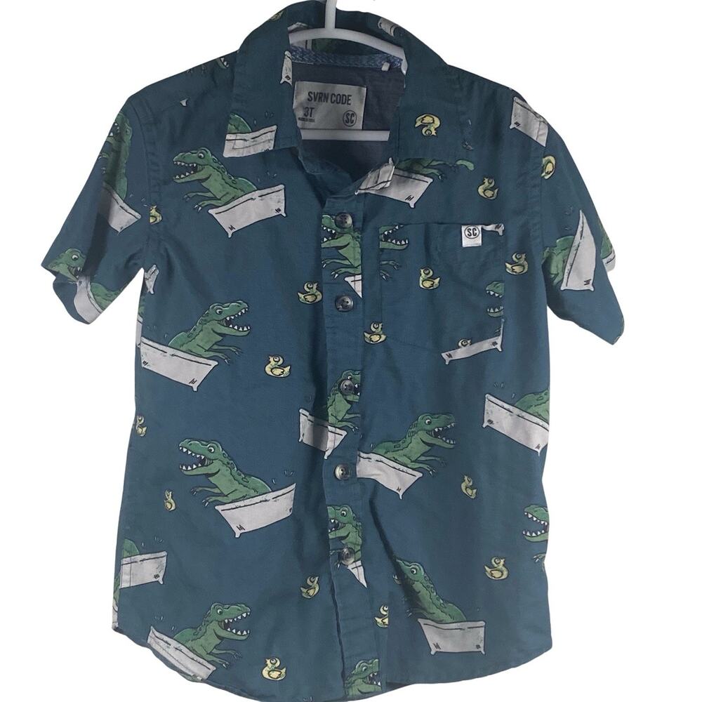 Sovereign Code Button Up Shirt Boys Size 3T Blue T-Rex Rubber Duck Short Sleeve